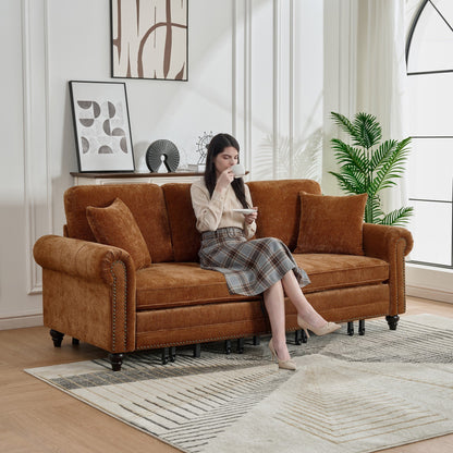 86" King Pull Out Sofa Bed, 3 in 1 Convertible Sleeper Sofa,Modern 3 Seat Couch with Nailhead Trim & Rolled Arm for Living Room, Apartment, Office, Caramel Chenille