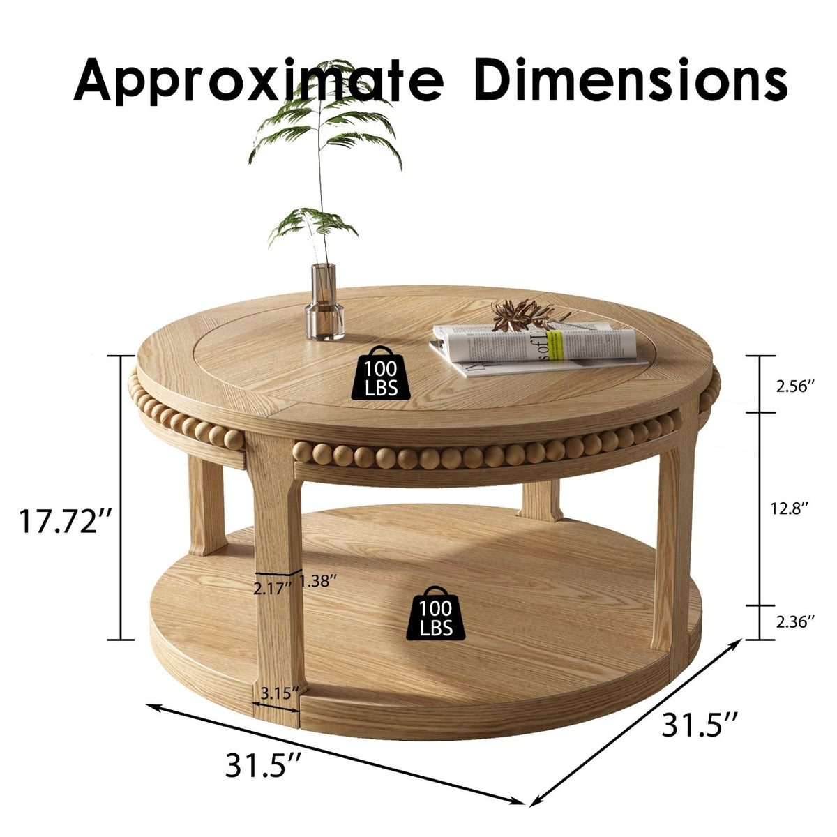 31.5 Inch Round Solid Wood Coffee Table & Sofa Table - Two-Tier Thickened Top, Sturdy Legs, Circle Table - Natural Wood