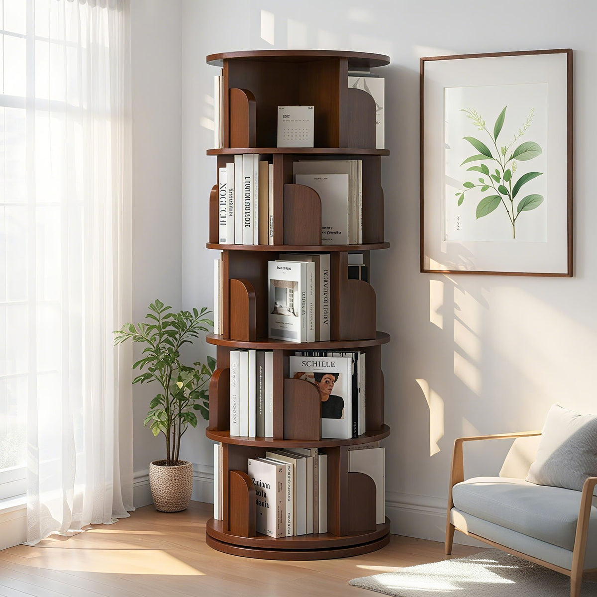 5 Tier Rotating Bookshelf, 360° Display Round Spinning Bookshelf, Space-Saving, Small Space Rotating Bookshelf Tower, Walnut