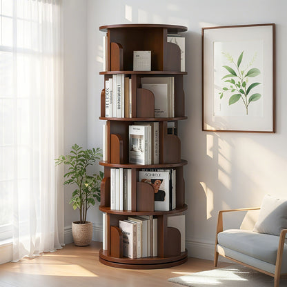 5 Tier Rotating Bookshelf, 360° Display Round Spinning Bookshelf, Space-Saving, Small Space Rotating Bookshelf Tower, Walnut