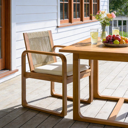 2-Piece Outdoor Dining Chairs Set: Acacia Wood with Multi Brown Rope Back & Beige Cushion, Water Repellent Fabric, 400 lbs Capacity, Light Teak Finish