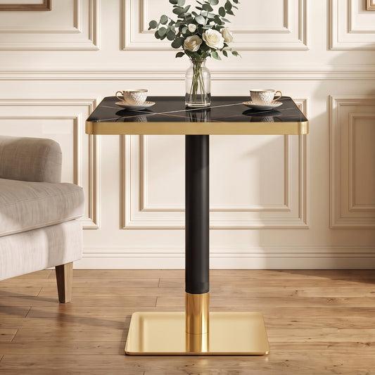 24" Square Faux Black Marble Bistro Table, 28.8" High Modern Dining Table with High Gloss UV Finish & Gold Metal Trim Edge, Heavy-Duty Stainless Steel Base Frame for Small Spaces, Cafe, Kitchen, Bistr