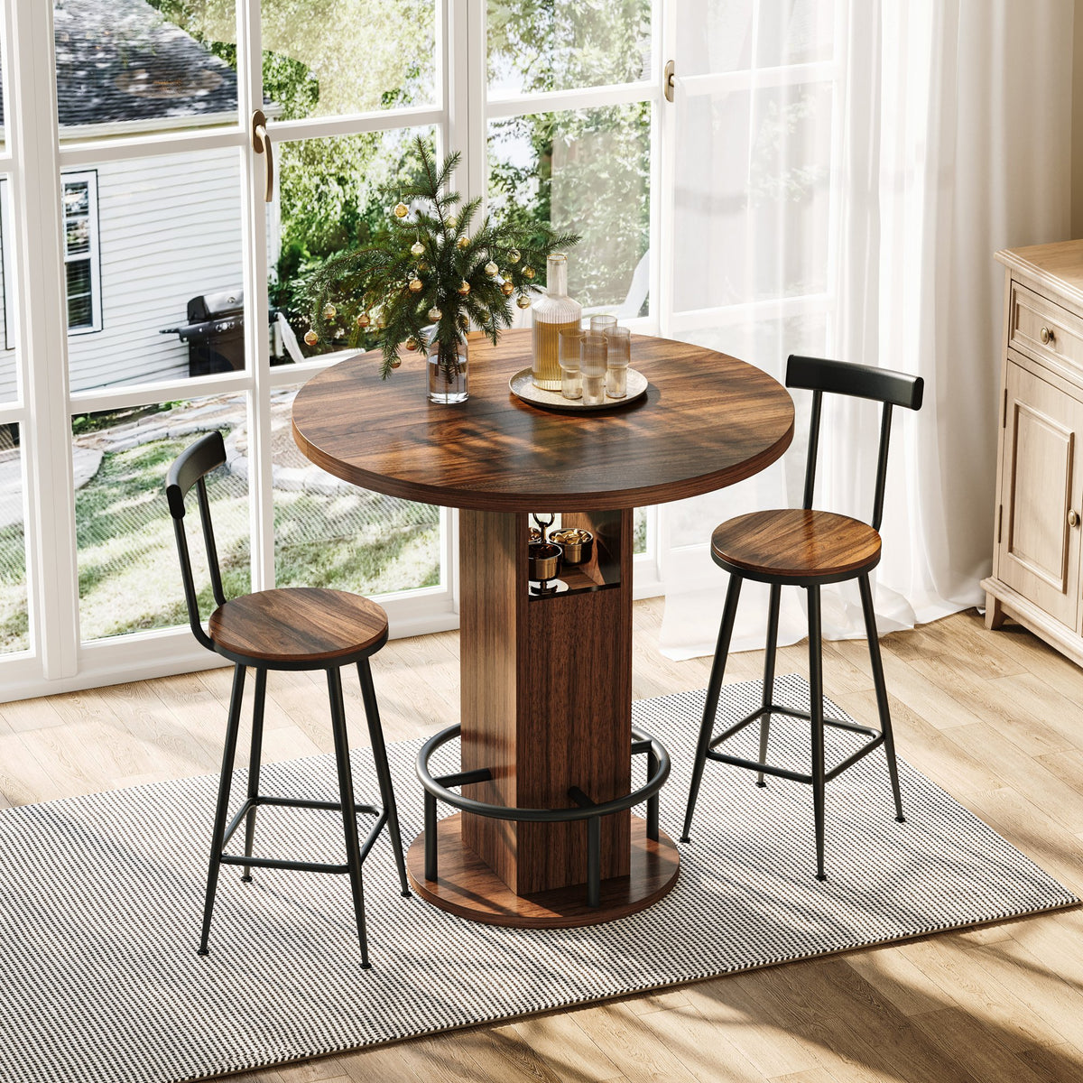 3-Piece Bar Table and Stool Set 31.5-inch round bar table with two stools Compact wooden dining bar with metal ring footrest Ideal, cafes – Walnut