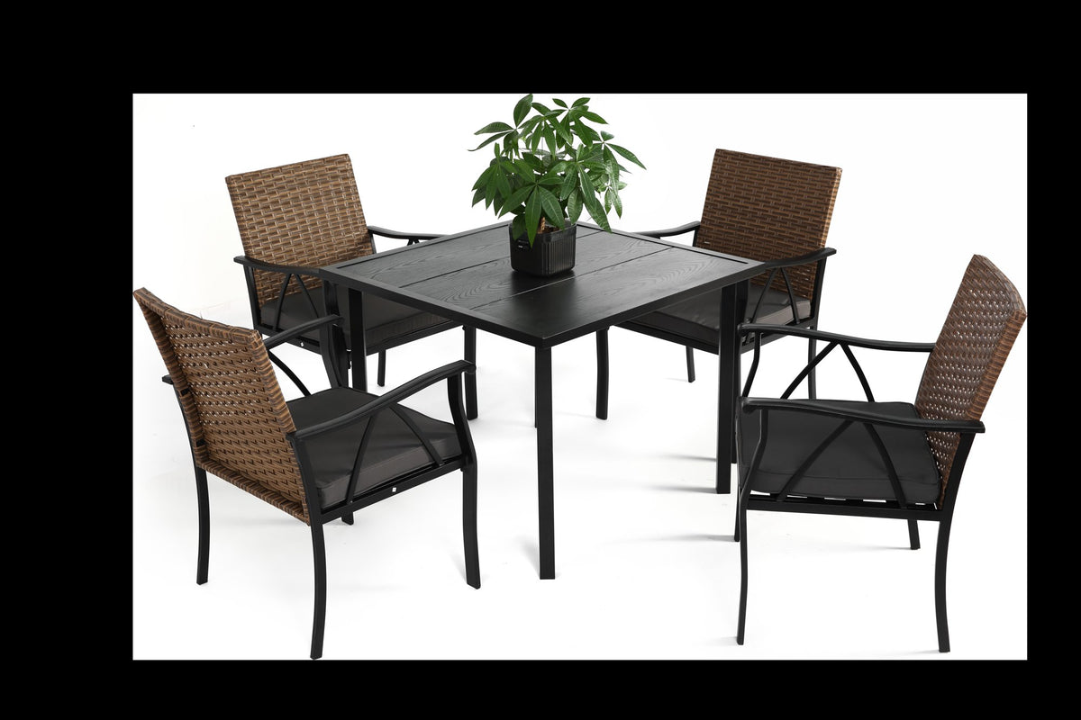 5-Piece Wicker Outdoor Table and Chairs, Patio Dining Set w/Square steel Tabletop and Umbrella Hole, Patio Table and Chairs Set for Backyard Deck Balcony Front Porch