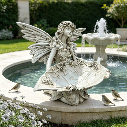 12.80" High Garden Fairy Figurine, 14.37" Wide Resin Angel Statue with Leaf Tray, Multi-Functional Bird Feeder & Decorative Tray for Outdoor & Indoor Use