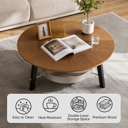 35.43" Round Coffee Table with Storage Shelf, Walnut Wood Grain Finish with Black Wood Legs, Modern Minimalist Center Table for Living Room, Farmhouse Accent Furniture for Small Spaces, Easy Assembly