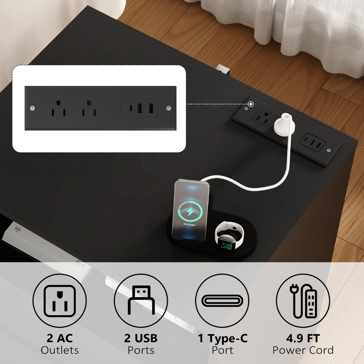 (Set of 2)End Table with Fast USB C Charging Station, Sofa Side Table with 2 Drawers, Large Storage Modern Wood Storage Cabinet, Black