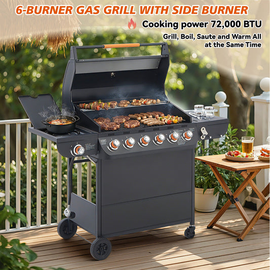 6 Burner BBQ Propane Gas Grill with Side Burner 72000 BTU Output Stainless Steel Barbecue Grill with Cast Iron Grates and Side Tables for