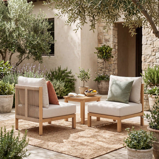 Acacia wood patio furniture club chair, outdoor rope-woven chair, set of two, suitable for porches, gardens, backyards, and balconies (Light Teak + Beige Rope + Beige Cushion).
