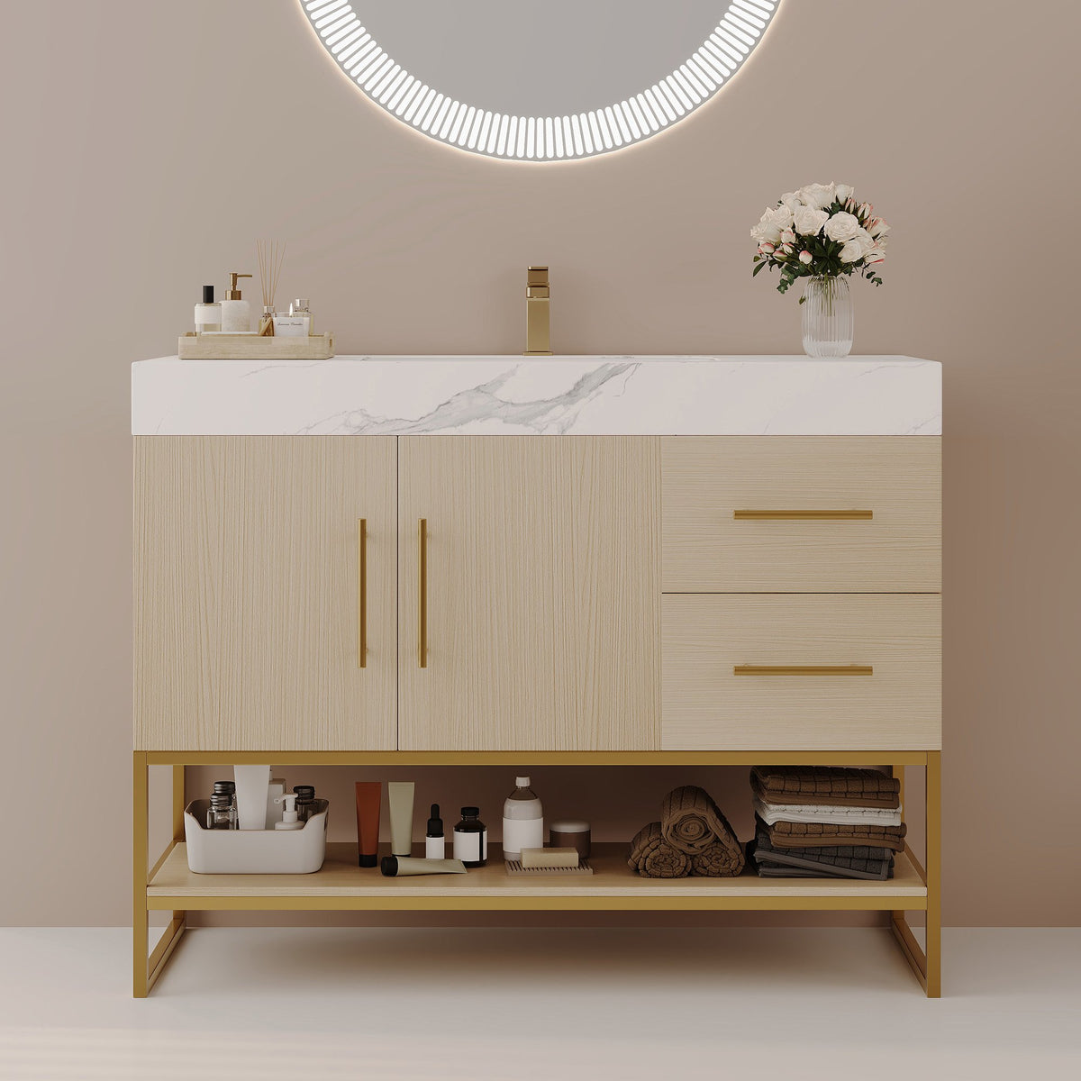 36" Modern Free-Standing Bathroom Vanity with Seamless Ceramic Sink & Sintered Stone Top