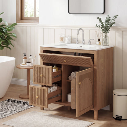 30 Inch Freestanding Farmhouse Bathroom Vanity with Integrated White Ceramic Sink Top, Smooth Finish Natural Acacia Wood Veneer Herringbone Chevron Cabinet, Soft Close Doors & Full Extension Drawer, B