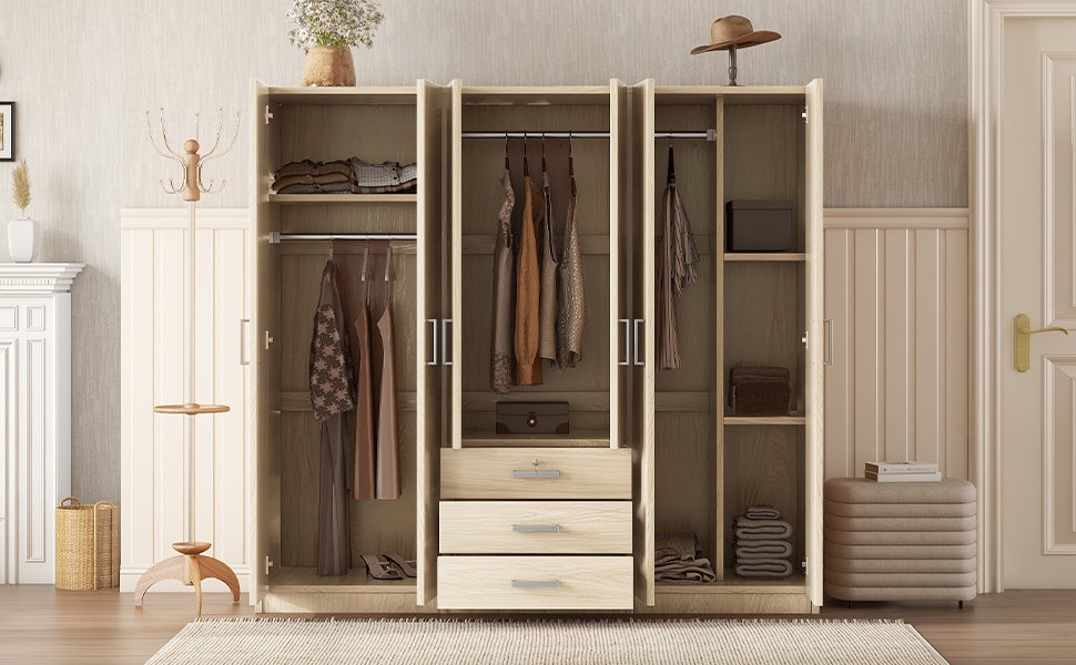6-Doors Wooden Wardrobe Storage, with Big Drawers, Brown