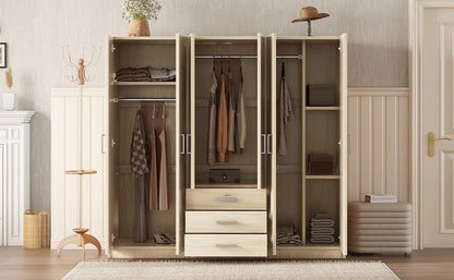 6-Doors Wooden Wardrobe Storage, with Big Drawers, Brown