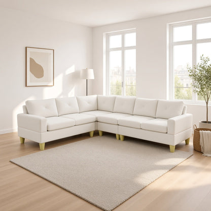 95.5 x 75 Inches Width Beige Modular L-Shaped Sectional Sofa 6-Seater 4-Piece Massa Flannel Fabric Couch with Chaise