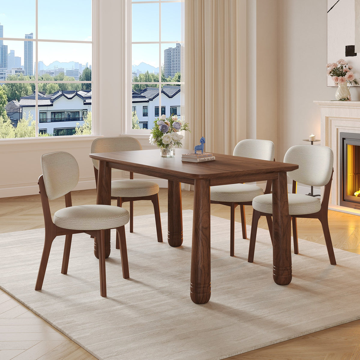 63" Solid Wood Dining Table Set with 4 Upholstered Chairs, Farmhouse Dinner Table Set of 5 Piece with Walnut Finish & Beige Chenille Seats, Heavy-Duty Support up to 1000 lbs, Easy Assembly