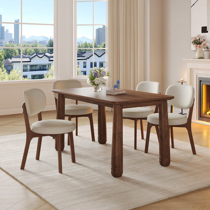 63" Solid Wood Dining Table Set with 4 Upholstered Chairs, Farmhouse Dinner Table Set of 5 Piece with Walnut Finish & Beige Chenille Seats, Heavy-Duty Support up to 1000 lbs, Easy Assembly
