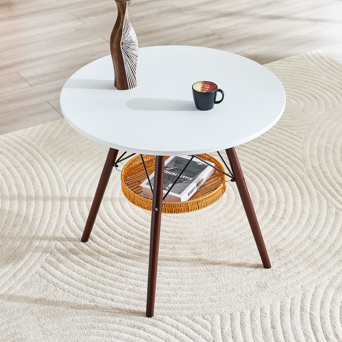 31.5-inch diameter circular dining table, white MDF vacuum formed tabletop, walnut solid wood legs