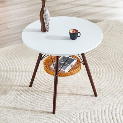 31.5-inch diameter circular dining table, white MDF vacuum formed tabletop, walnut solid wood legs