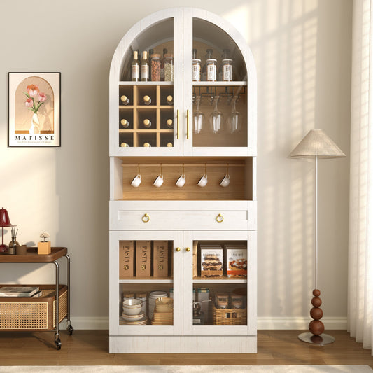 70 " Tall Arched Bar Cabinet , Mid-Century Coffee Bar Cabinet with an Adjustable Shelf & 5 Hooks, 9 Wine Racks, 3 Glass Holder,Tempered Glass Doors, Wine Liquor Cabinet with a Large Drawer, White