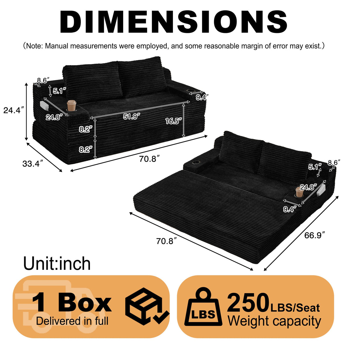 70.8-inch corduroy two-in-one sofa bed, featuring a lounge chair with two throw pillows, built-in cup holders in the armrests, and side storage pockets-ideal for living rooms, bedrooms, and relaxation