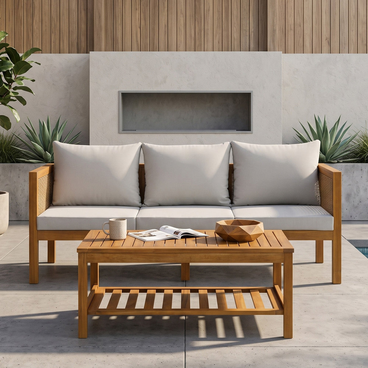 3-Seater Patio Set Outdoor Sofa & Coffee Table Set 2 Piece Outdoor Conversation Patio Furniture Set with Cushions and a Coffee Table for Garden, Backyard, Balcony, Poolside,Grey Cushion +Natural Wood