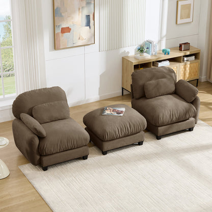 2 Seater L-Shaped Cloud Feel Sofa with Removable Ottoman, Cozy Chenille Modular Couch Set, Deep Seat Free Combination Furniture for Small Living Room, Brown