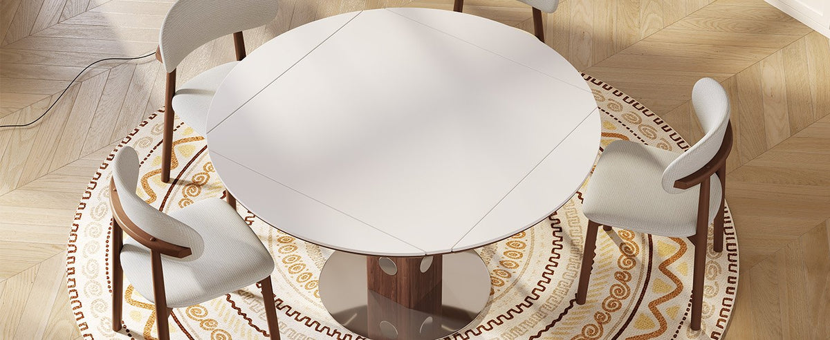 47.2' Extendable Multifunctional Round Dining Table for 4-6, Folding Kitchen Table with Drop Leaf, White Sintered Stone Top & Walnut Wood Column, Space-Saving for Small Apartments, Easy Assembly