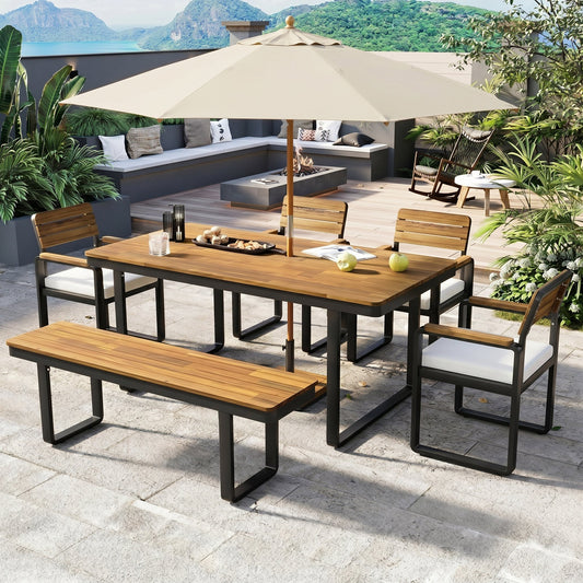 6-Piece Outdoor Dining Set, Acacia Wood, 1 Table with 4 Chairs & 1 Bench for 6-7 Person, Comfortable Cushions on Chairs, Adjustable Feet