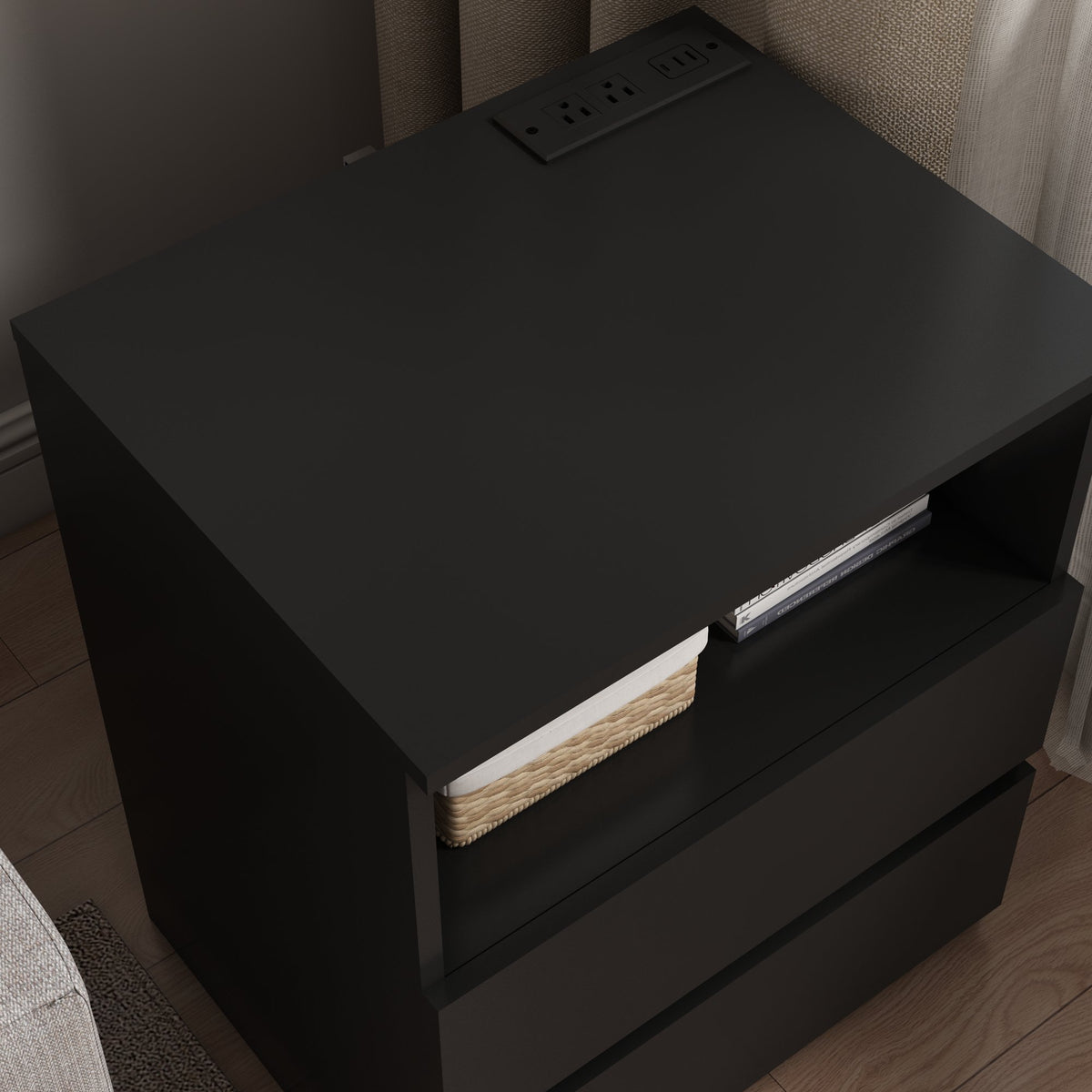 (Set of 2)End Table with Fast USB C Charging Station, Sofa Side Table with 2 Drawers, Large Storage Modern Wood Storage Cabinet, Black