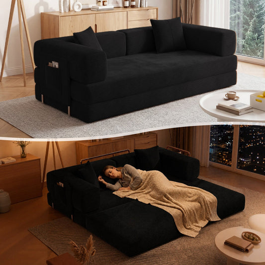 79-Inch Teddy Couch Convertible Sleeper Sofa Bed, 5-in-1 Chenille Floor Sofa with High-Density Foam, Metal Back and Arm Supports, Washable Cover and Side Pockets, Black