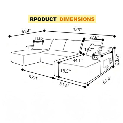 126" Cloud Sectional Sofa with U-Shape Chaise and Side Pockets and Cup holder, Modern Modular Design, Deep Seating, Upholstered Couch – Model W3975S00114