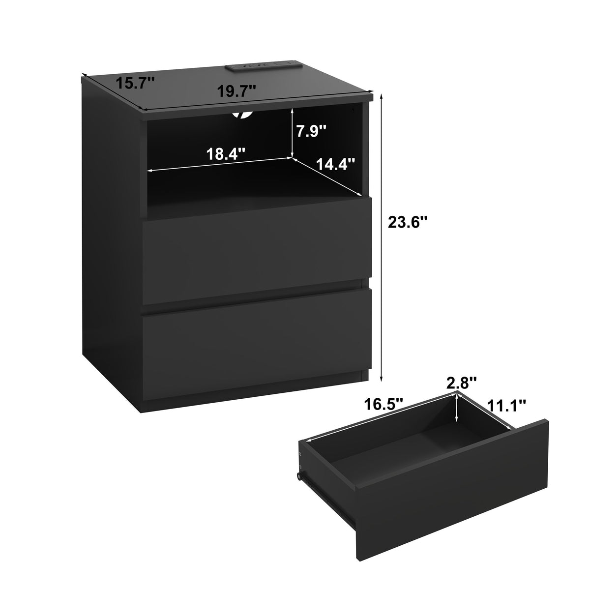 (Set of 2)End Table with Fast USB C Charging Station, Sofa Side Table with 2 Drawers, Large Storage Modern Wood Storage Cabinet, Black