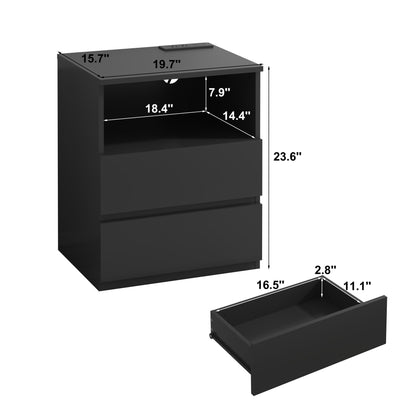 (Set of 2)End Table with Fast USB C Charging Station, Sofa Side Table with 2 Drawers, Large Storage Modern Wood Storage Cabinet, Black