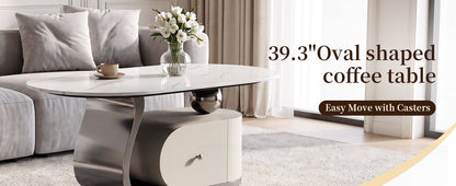 39.4" Sintered Stone End table with Drawer, Stainless Steel Base & 4 Lockable Casters, Modern Mobile Oval Coffee Table for Living Room, Easy Assembly (Gray)