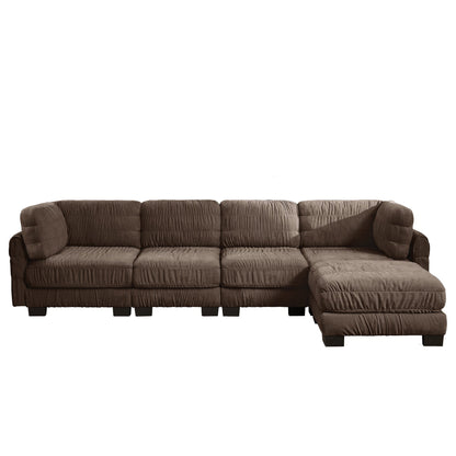 4 Seat Ruched Detailing Chenille Modular Sectional Sofa,Movable Ottoman,High-Density Foam,L Shape Thickened  Back Cushions,Easy Assembly,For Living Room,Bedroom,Brown