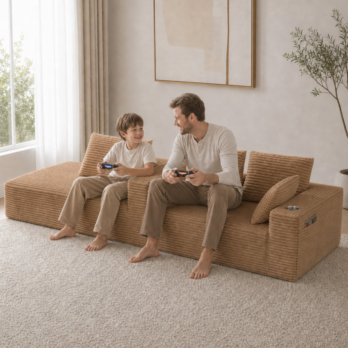 95''modular combination sofa with L-shaped lounge chair, four seater boneless design