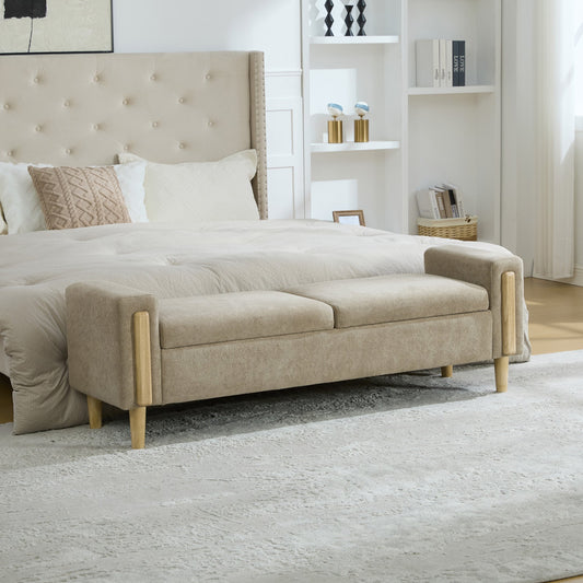 65.67" Wide Modern Upholstered  Storage Bench With Double Lids,  Chenille fabric Foot Stool With  Armrest, Bench Daybed With Rubberwood Legs For Living Room, Entryway, Dormitory, Bedroom,Greige