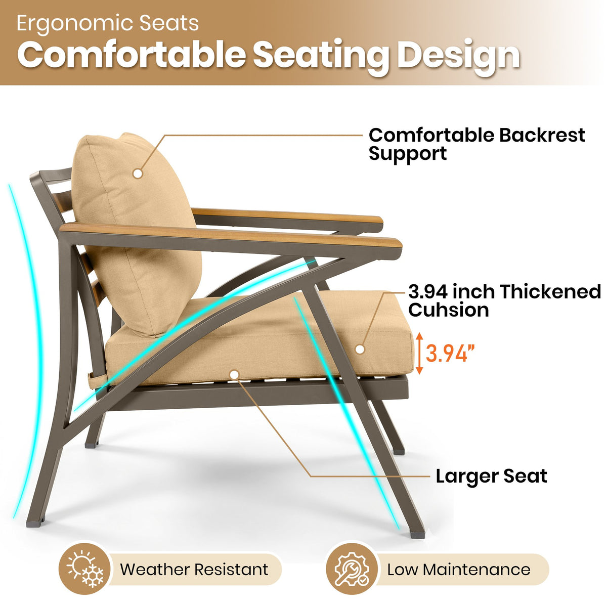 6-Piece Outdoor Patio Furniture Set, Steel Frame Sofa Set with 3-Seat Couch, 2 Armchairs, 2 Ottomans & Acacia Wood Coffee Table, Cushioned Seating for Backyard, Garden, Poolside, Brown Cushion