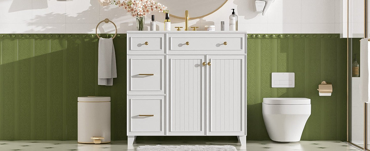 36" Modern Bathroom Vanity with Ceramic Sink, Soft Close Doors, Adjustable Shelves, Solid Wood Frame+MDF