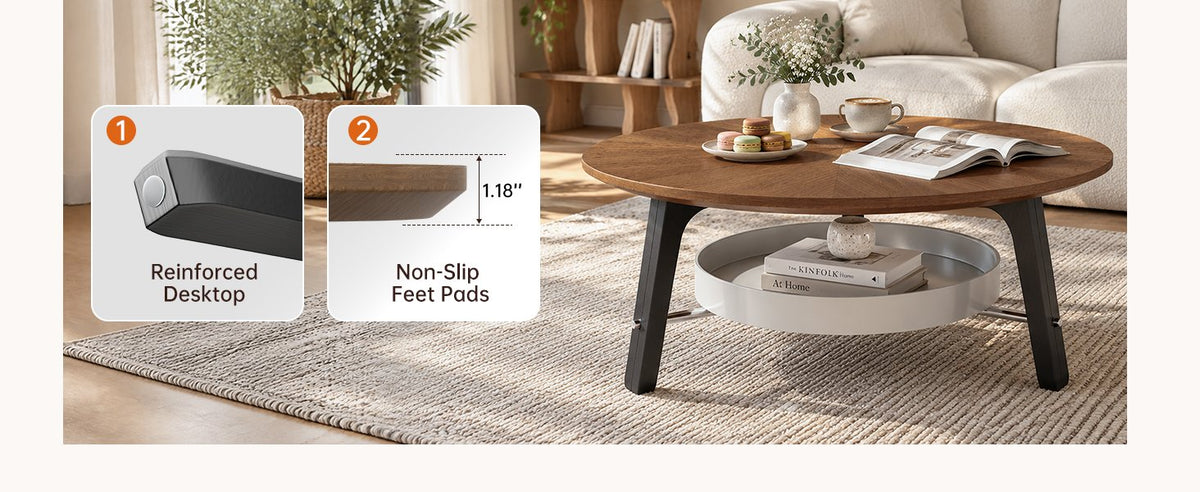 35.43" Round Coffee Table with Storage Shelf, Walnut Wood Grain Finish with Black Wood Legs, Modern Minimalist Center Table for Living Room, Farmhouse Accent Furniture for Small Spaces, Easy Assembly