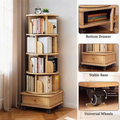 5 Tier Rotating Bookshelf, 360° Display Round Spinning Bookshelf with Wheels, Space-Saving, Small Space Rotating Bookshelf Tower, Wood Color