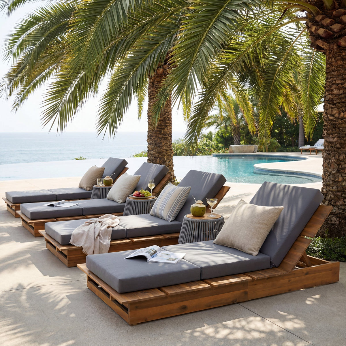 Acacia Wood Chaise Lounge with 4" Thick 3-Fold Dark Gray Movable Cushion – Wide Teak Finish Patio Lounger, 3-Position Recliner, 400 lbs Capacity
