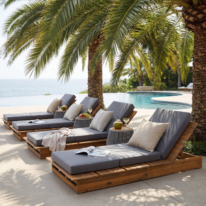 Acacia Wood Chaise Lounge with 4" Thick 3-Fold Dark Gray Movable Cushion – Wide Teak Finish Patio Lounger, 3-Position Recliner, 400 lbs Capacity