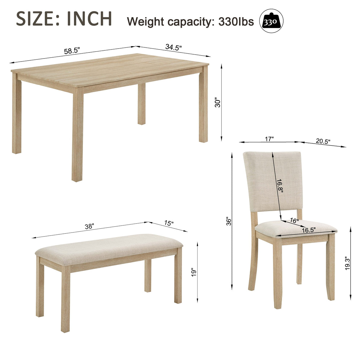 6 Piece Dining Table Set with Bench, Wooden Rectangular Kitchen Table Set with Bench and 4 Upholstered Chairs, Light Oak & Beige