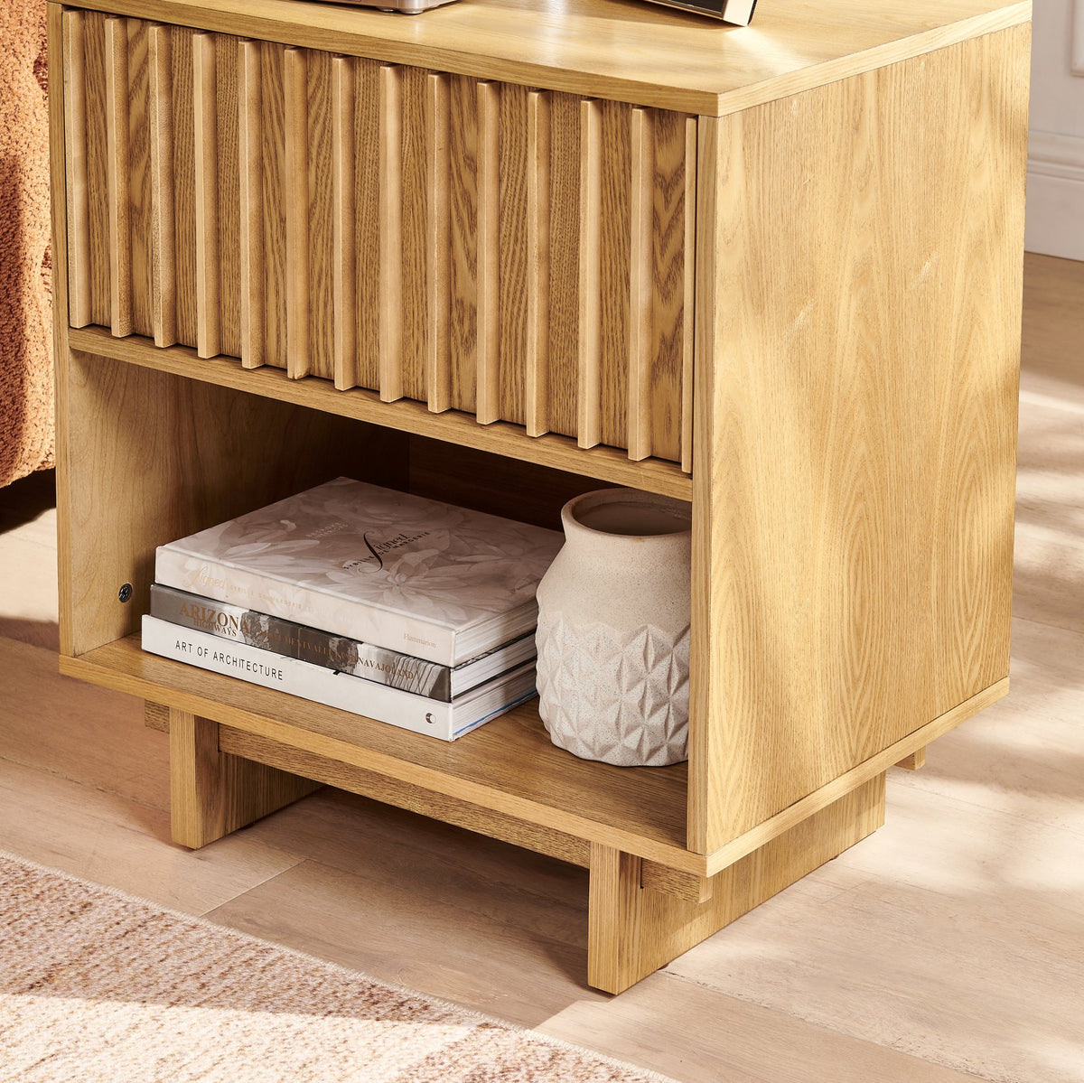 23.4" Mid Century Modern Grille Slat Nightstand with Hidden Charging Station USB Ports & Outlet Hole, Farmhouse End Table with Open Space and Drawer Dresser, Natural