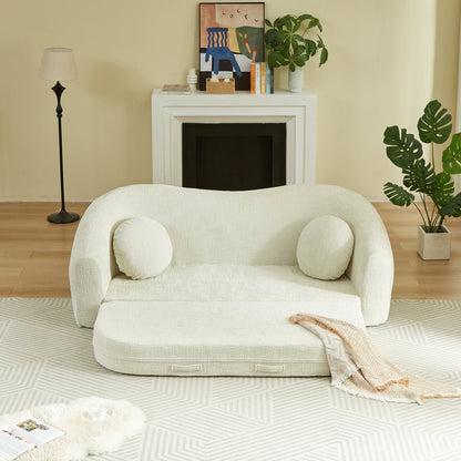 86-inch Curved Convertible Sofa Recliner, 2-in-1 Frameless Folding Sofa Bed with Pull-Out Base and Deep Seat Design, Chenille Two-Seater Reclining Sofa, No Assembly Required  beige
