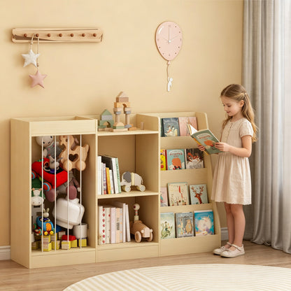 3-in-1 Kids Bookshelf and Toy Storage, 4-Tier Book Shelf for Kids Rooms, Sling Baby Bookcase with Stuffed Animal Storage, Toddler Montessori Bookshelf for Nursery, Playroom, Kindergarten, Natural