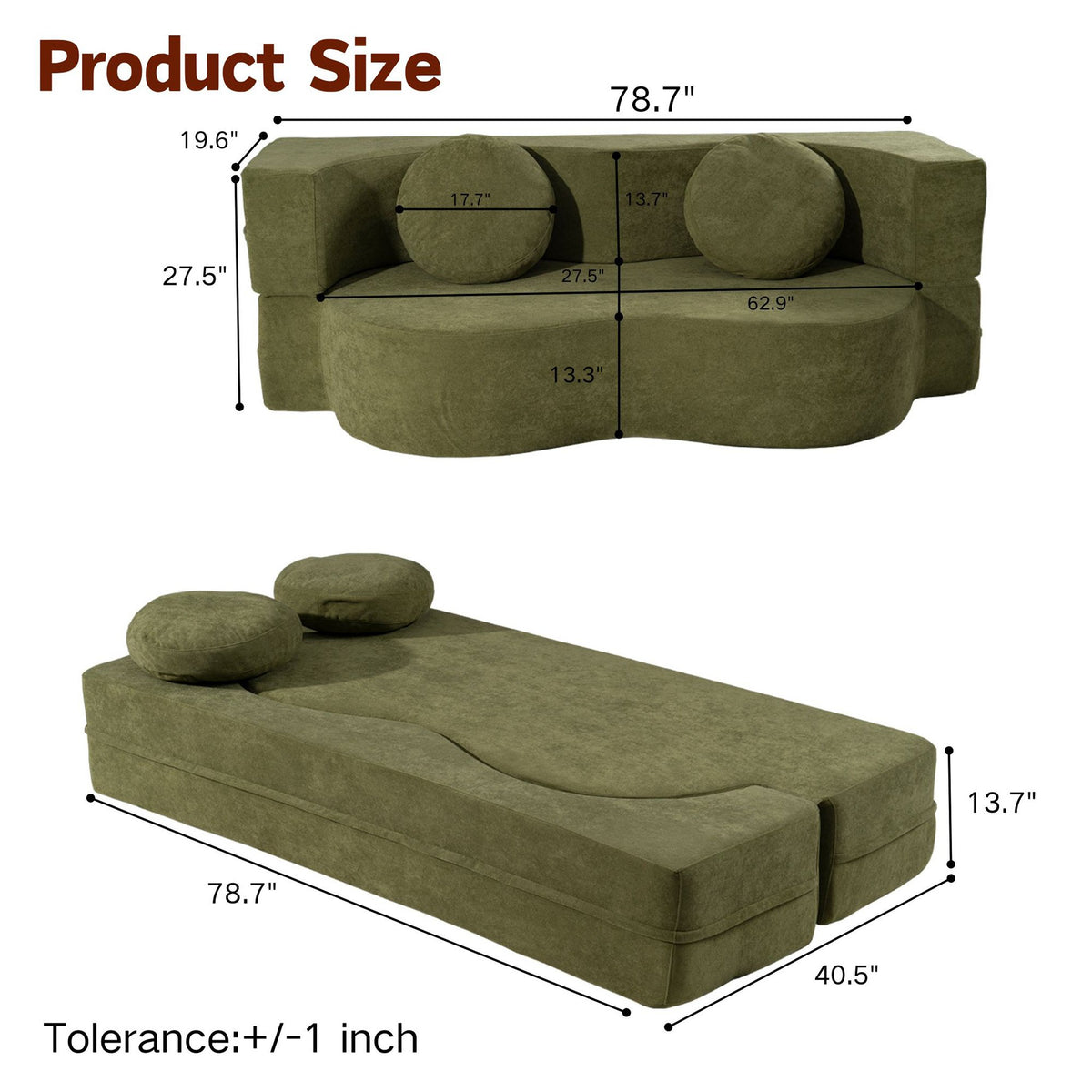 2-in-1 Folding Sofa Bed with Pillow, Twin Sleeper Sofa, Floor & Futon Loveseat Couch, Foam Folding Mattress Sleeper for Living Room, Guest Use, Office, Apartment, No Assembly Required,Green