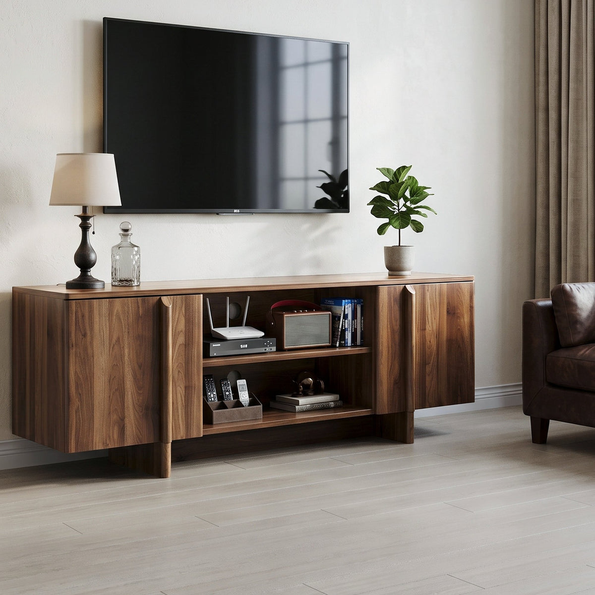 55-Inch Mid-Century Modern Farmhouse TV Stand & Living Room Storage Cabinet – Entertainment Center with Cable Management, Double Doors, and Open Shelving (Fits TVs up to 48 Inches) – Walnut Finish