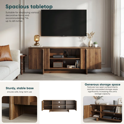 55-Inch Mid-Century Modern Farmhouse TV Stand & Living Room Storage Cabinet – Entertainment Center with Cable Management, Double Doors, and Open Shelving (Fits TVs up to 48 Inches) – Walnut Finish